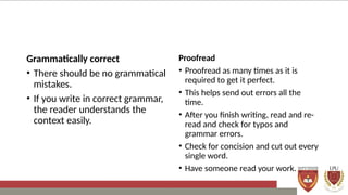 Grammatically correct
• There should be no grammatical
mistakes.
• If you write in correct grammar,
the reader understands the
context easily.
Proofread
• Proofread as many times as it is
required to get it perfect.
• This helps send out errors all the
time.
• After you finish writing, read and re-
read and check for typos and
grammar errors.
• Check for concision and cut out every
single word.
• Have someone read your work.
 