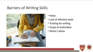 Barriers of Writing Skills
• Noise
• Lack of effective tools
• Training for writing
• Scope of motivation
• Writer’s block
 