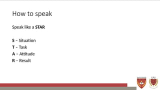 How to speak
Speak like a STAR
S – Situation
T – Task
A – Attitude
R – Result
 
