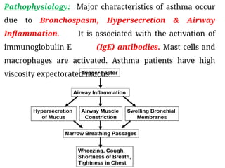 Pathophysiology: Major characteristics of asthma occur
due to Bronchospasm, Hypersecretion & Airway
Inflammation. It is associated with the activation of
immunoglobulin E (IgE) antibodies. Mast cells and
macrophages are activated. Asthma patients have high
viscosity expectorated mucus.
 