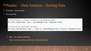 Pandas - Data Analysis – Sorting Data
 Examples - Sorting Data
 Viewing Data
 Hint : For further reference
https://pandas.pydata.org/Pandas_Cheat_Sheet.pdf
24
 