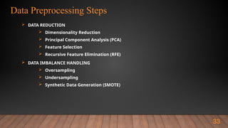 Data Preprocessing Steps
33
 DATA REDUCTION
 Dimensionality Reduction
 Principal Component Analysis (PCA)
 Feature Selection
 Recursive Feature Elimination (RFE)
 DATA IMBALANCE HANDLING
 Oversampling
 Undersampling
 Synthetic Data Generation (SMOTE)
 