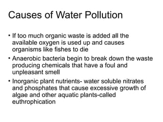 Causes of Water Pollution
• If too much organic waste is added all the
available oxygen is used up and causes
organisms like fishes to die
• Anaerobic bacteria begin to break down the waste
producing chemicals that have a foul and
unpleasant smell
• Inorganic plant nutrients- water soluble nitrates
and phosphates that cause excessive growth of
algae and other aquatic plants-called
euthrophication
 