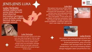 JENIS-JENIS LUKA
Luka Terbuka
akibat cedera kulit
yang tidak disertai
atau disertai
kerusakan jaringan.
Luka terbuka adalah
bentuk luka yang
sangat umum.
Luka Tertutup
adalah kerusakan jaringan dimana kulit tetap
utuh atau tidak terpengaruh. Memar, juga
dikenal sebagai Contusio dan Hematoma.
Contusio (luka memar) adalah cedera
jaringan yang merusak kapiler, sehingga
darah mengalir ke jaringan sekitarnya.
Biasanya disebabkan oleh kontak dengan
benda tumpul
Luka Akut
Merupakan luka yang sembuh dalam
waktu kurang dari 5 hari, diikuti masa
hemostasis dan peradangan. Luka akut
sembuh atau menutup pada jendela
penyembuhan fisiologis 0-21 hari . Luka
akut merupakan 13 luka parah yang
seringkali memerlukan perawatan cepat
dan dapat pulih dengan baik jika tidak
timbul komplikasi. Contohnya seperti luka
lecet, Luka robek, dan luka operasi
Luka Kronis
Merupakan luka yang berlangsung lama atau
sering kambuh (kambuh) dan mengganggu
proses penyembuhan, yang umumnya
disebabkan oleh berbagai faktor dari pihak
penderitanya. Luka kronis terkadang disebut
sebagai kegagalan dalam penyembuhan luka.
 
