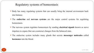 11/02/2024
Regulatory systems of homeostasis
12
¨ Body has many regulating systems that can usually bring the internal environment back
into balance.
¨ The endocrine and nervous systems are the major control systems for regulating
homeostasis.
¨ The nervous system regulates homeostasis by sending electrical signals known as nerve
impulses to organs that can counteract changes from the balanced state.
¨ The endocrine system includes many glands that secrete messenger molecules called
hormones into the blood.
 