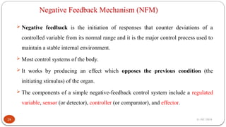 11/02/2024
Negative Feedback Mechanism (NFM)
24
 Negative feedback is the initiation of responses that counter deviations of a
controlled variable from its normal range and it is the major control process used to
maintain a stable internal environment.
 Most control systems of the body.
 It works by producing an effect which opposes the previous condition (the
initiating stimulus) of the organ.
 The components of a simple negative-feedback control system include a regulated
variable, sensor (or detector), controller (or comparator), and effector.
 