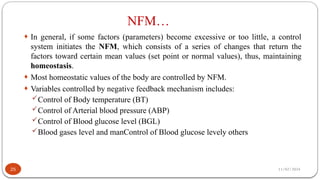 11/02/2024
NFM…
25
¨ In general, if some factors (parameters) become excessive or too little, a control
system initiates the NFM, which consists of a series of changes that return the
factors toward certain mean values (set point or normal values), thus, maintaining
homeostasis.
¨ Most homeostatic values of the body are controlled by NFM.
¨ Variables controlled by negative feedback mechanism includes:
Control of Body temperature (BT)
Control of Arterial blood pressure (ABP)
Control of Blood glucose level (BGL)
Blood gases level and manControl of Blood glucose levely others
 