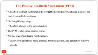 11/02/2024
The Positive Feedback Mechanism (PFM)
29
A positive feedback system tends to strengthen or reinforce a change in one of the
body’s controlled conditions.
 Self-amplifying change
Leads to change in the same direction
The PFM is also called vicious circle.
Normal way of producing rapid changes.
occurs with childbirth, blood clotting, protein digestion, and generation of nerve
signals.
 