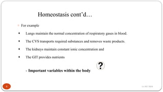 11/02/2024
Homeostasis cont’d…
6
o For example
¨ Lungs maintain the normal concentration of respiratory gases in blood.
¨ The CVS transports required substances and removes waste products.
¨ The kidneys maintain constant ionic concentration and
¨ The GIT provides nutrients
- Important variables within the body
 
