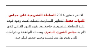 ‫دستور‬ ‫اقتصر‬
2014
‫مجلس‬ ‫على‬ ‫التشريعية‬ ‫السلطة‬
‫فقط‬ ‫النواب‬
،
‫لتظهر‬
‫غرفة‬ ‫وجود‬ ‫أهمية‬ ‫العملية‬ ‫الممارسة‬
‫الذى‬ ‫الفاعل‬ ‫الدور‬ ‫تقييم‬ ‫بعد‬ ‫خاصة‬ ،‫التشريعية‬ ‫للسلطة‬ ‫ثانية‬
‫به‬ ‫قام‬
‫المصرى‬ ‫الشورى‬ ‫مجلس‬
‫والدراسات‬ ‫الواضحة‬ ‫وبصماته‬
،‫حله‬ ‫قرار‬ ‫صدور‬ ‫وحتى‬ ‫إنشائه‬ ‫منذ‬ ‫بها‬ ‫تقدم‬ ‫التى‬
 