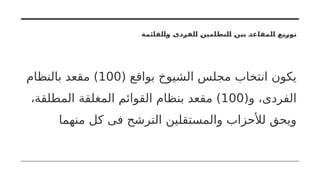 ‫والقائمة‬ ‫الفردى‬ ‫النظامين‬ ‫بين‬ ‫المقاعد‬ ‫توزيع‬
( ‫بواقع‬ ‫الشيوخ‬ ‫مجلس‬ ‫انتخاب‬ ‫يكون‬
100
‫بالنظام‬ ‫مقعد‬ )
(‫و‬ ،‫الفردى‬
100
،‫المطلقة‬ ‫المغلقة‬ ‫القوائم‬ ‫بنظام‬ ‫مقعد‬ )
‫منهما‬ ‫كل‬ ‫فى‬ ‫الترشح‬ ‫والمستقلين‬ ‫لألحزاب‬ ‫ويحق‬
 