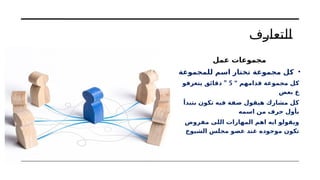 ‫التعارف‬
‫عمل‬ ‫مجموعات‬
•
‫للمجموعة‬ ‫اسم‬ ‫تختار‬ ‫مجموعة‬ ‫كل‬
‫قدامهم‬ ‫مجموعة‬ ‫كل‬
“
5
”
‫يتعرفو‬ ‫دقائق‬
‫بعض‬ ‫ع‬
‫بتبدأ‬ ‫تكون‬ ‫فيه‬ ‫صفة‬ ‫هيقول‬ ‫مشارك‬ ‫كل‬
‫اسمه‬ ‫من‬ ‫حرف‬ ‫بأول‬
‫مفروض‬ ‫اللى‬ ‫المهارات‬ ‫اهم‬ ‫ايه‬ ‫ويقولو‬
‫الشيوخ‬ ‫مجلس‬ ‫عضو‬ ‫عند‬ ‫موجوده‬ ‫تكون‬
 