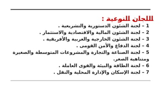 : ‫النوعية‬ ‫اللجان‬
1
. ‫والتشريعية‬ ‫الدستورية‬ ‫الشئون‬ ‫لجنة‬ –
2
. ‫واالستثمار‬ ‫واالقتصادية‬ ‫المالية‬ ‫الشئون‬ ‫لجنة‬ –
3
. ‫واألفريقية‬ ‫والعربية‬ ‫الخارجية‬ ‫الشئون‬ ‫لجنة‬ –
4
. ‫القومى‬ ‫واألمن‬ ‫الدفاع‬ ‫لجنة‬ –
5
‫والصغيرة‬ ‫المتوسطة‬ ‫والمشروعات‬ ‫والتجارة‬ ‫الصناعة‬ ‫لجنة‬ –
.‫الصغر‬ ‫ومتناهية‬
6
. ‫العاملة‬ ‫والقوى‬ ‫والبيئة‬ ‫الطاقة‬ ‫لجنة‬ –
7
. ‫والنقل‬ ‫المحلية‬ ‫واإلدارة‬ ‫اإلسكان‬ ‫لجنة‬ –
 