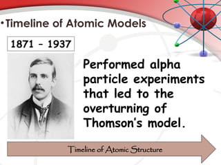 •Timeline of Atomic Models
1871 – 1937
Timeline of Atomic Structure
Performed alpha
particle experiments
that led to the
overturning of
Thomson’s model.
 