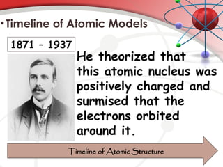 •Timeline of Atomic Models
1871 – 1937
Timeline of Atomic Structure
He theorized that
this atomic nucleus was
positively charged and
surmised that the
electrons orbited
around it.
 