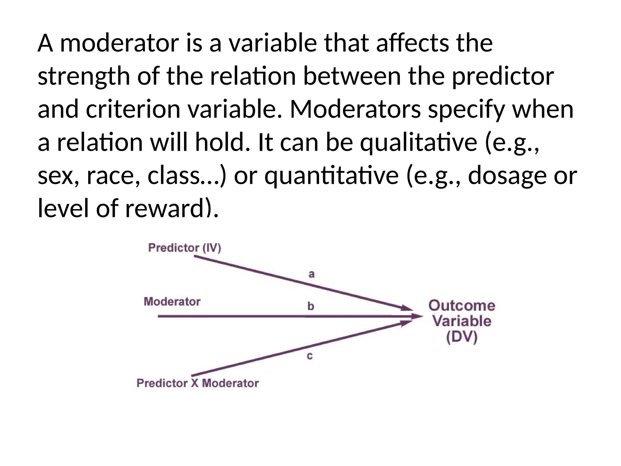 A moderator is a variable that affects the
strength of the relation between the predictor
and criterion variable. Moderators specify when
a relation will hold. It can be qualitative (e.g.,
sex, race, class…) or quantitative (e.g., dosage or
level of reward).
 