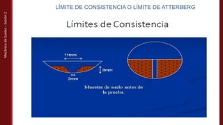 Mecánica
de
Suelos
–
Sesión
2
LÍMITE DE CONSISTENCIA O LÍMITE DE ATTERBERG
 
