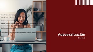 Autoevaluación
Sesión 2
El estudiante visualiza los siguientes vídeos de la sesión:
-Vídeo 1: Límite de Consistencia
https://www.youtube.com/watch?v=Ll5jHjBde24
-Vídeo 2: Límites de consistencia, Limite Plástico, Límite de contracción, Limite Liquido.
DETERMINACION DEL LIMITE LÍQUIDO Y LIMITE PLASTICO DE LOS SUELOS.
https://www.youtube.com/watch?v=6cSJk828eYM
El docente tiene la opción de compartir más videos de acuerdo a la sesión.
 