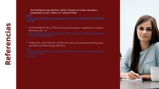 Referencias - Díaz-Rodríguez Jorge Abraham. (2014). Mecánica de suelos naturaleza y
propiedades (1a ed.). México, D.F: Editorial Trillas.
https
://ucv.primo.exlibrisgroup.com/permalink/51UCV_INST/ghjb9a/alma99100088436
9707001
- LOZANO-RIVAS, W.A., (2016). Suelos: guía de prácticas simplificadas en campo y
laboratorio (S.l).: s.n.
https://www.digitaliapublishing.com/a/52128/suelos--guia-de-practicas-simplificad
as-en-campo-y-laboratorio
- YONG, R.N., NAKANO, M. y PUSCH, R., (2012). Environmental Soil Properties
and Behaviour. Baton Rouge: CRC Press..
https
://ucv.primo.exlibrisgroup.com/permalink/51UCV_INST/eiis6v/cdi_swepub_prima
ry_oai_DiVA_org_
ltu_16669
 