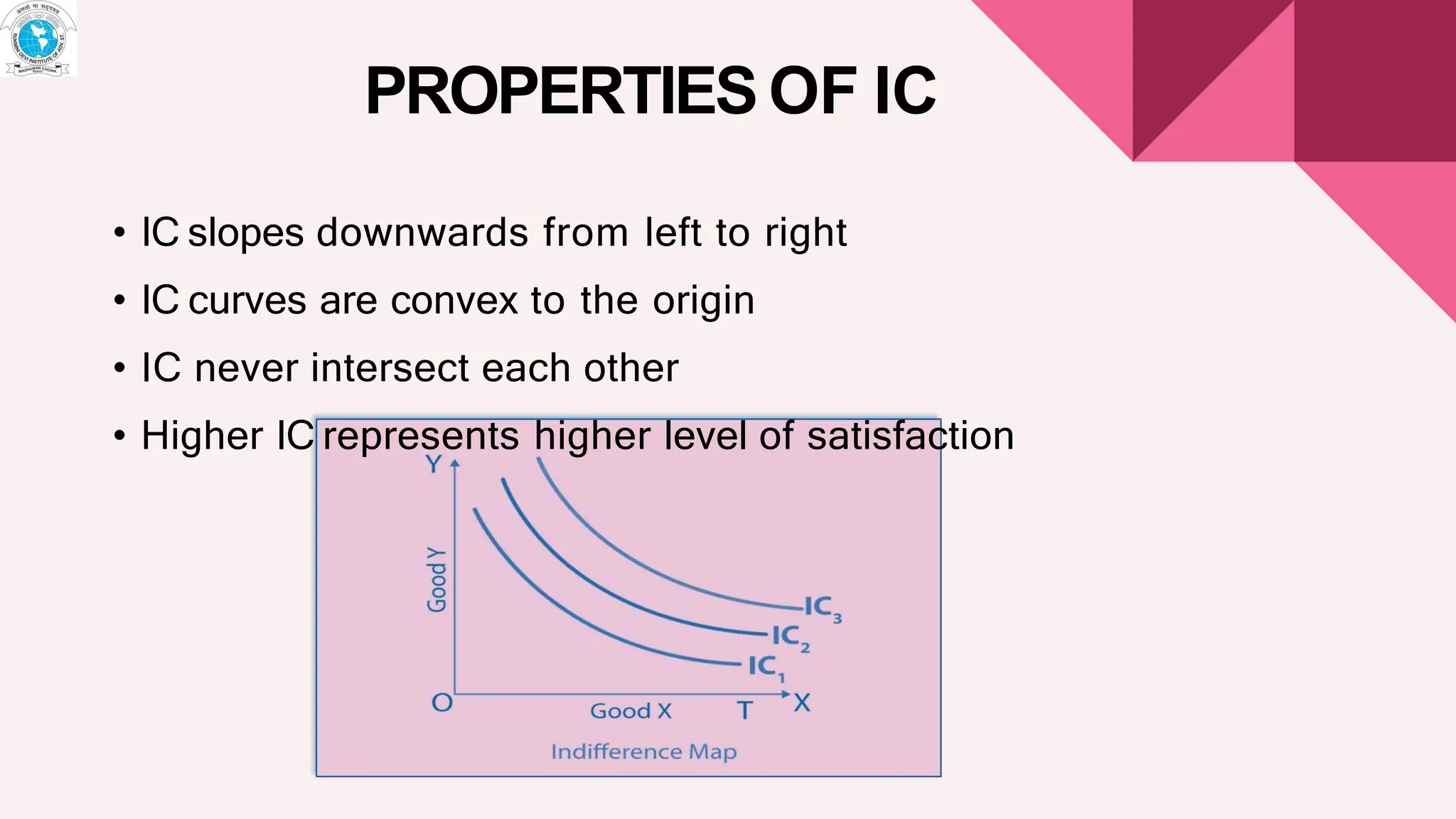PROPERTIESOF IC
• IC slopes downwards from left to right
• IC curves are convex to the origin
• IC never intersect each other
• Higher IC represents higher level of satisfaction
 