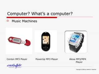Computer? What’s a computer?
 Music Machines
Centon MP3 Player PowerUp MP3 Player Alexa MP3/MP4
Player
Copyright © 2008 by Helene G. Kershner
 
