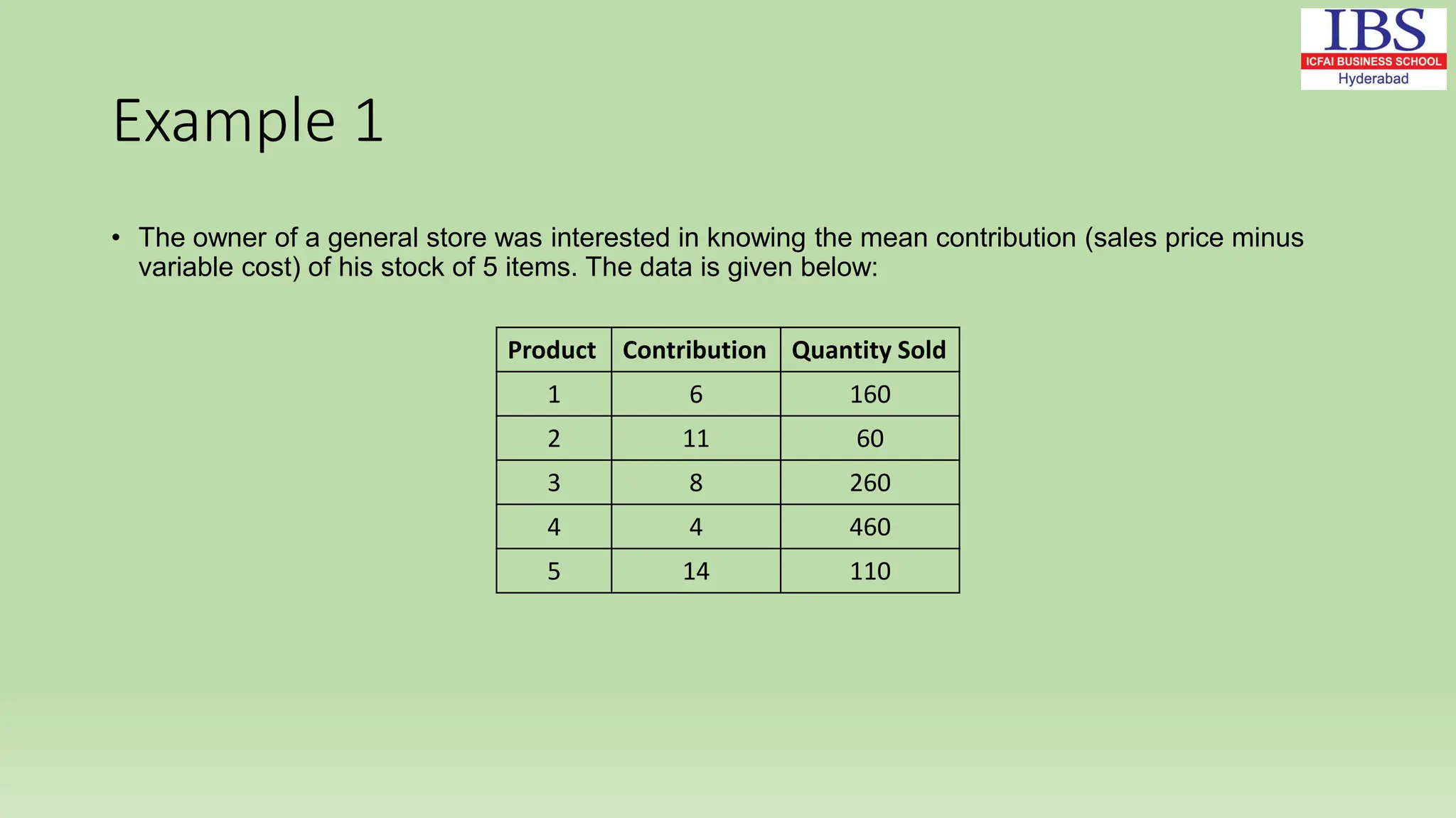 Example 1
• The owner of a general store was interested in knowing the mean contribution (sales price minus
variable cost) of his stock of 5 items. The data is given below:
Product Contribution Quantity Sold
1 6 160
2 11 60
3 8 260
4 4 460
5 14 110
 
