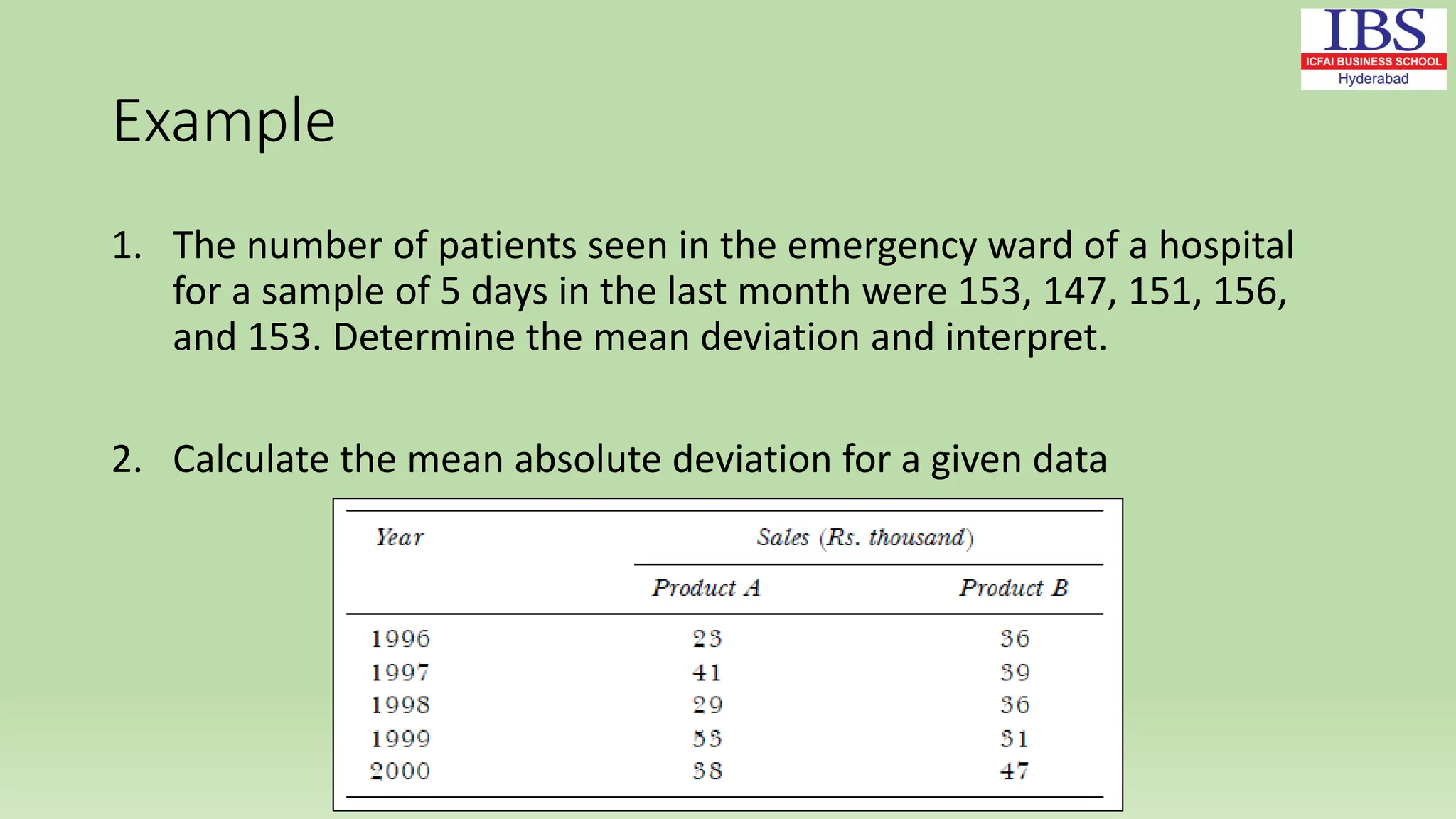 Example
1. The number of patients seen in the emergency ward of a hospital
for a sample of 5 days in the last month were 153, 147, 151, 156,
and 153. Determine the mean deviation and interpret.
2. Calculate the mean absolute deviation for a given data
 