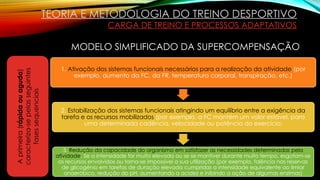 TEORIA E METODOLOGIA DO TREINO DESPORTIVO
CARGA DE TREINO E PROCESSOS ADAPTATIVOS
MODELO SIMPLIFICADO DA SUPERCOMPENSAÇÃO
1. Ativação dos sistemas funcionais necessários para a realização da atividade (por
exemplo, aumento da FC, da FR, temperatura corporal, transpiração, etc.)
2. Estabilização dos sistemas funcionais atingindo um equilíbrio entre a exigência da
tarefa e os recursos mobilizados (por exemplo, a FC mantém um valor estável, para
uma determinada cadência, velocidade ou potência do exercício)
3. Redução da capacidade do organismo em satisfazer as necessidades determinadas pela
atividade. Se a intensidade for muito elevada ou se se mantiver durante muito tempo, esgotam-se
os recursos envolvidos ou torna-se impossível a sua utilização (por exemplo, falência nas reservas
de glicogénio em tarefas de duração elevada cumpridas a intensidade equivalente ao limiar
anaeróbico, redução do pH, aumentando a acidez e inibindo a ação de algumas enzimas)
A
primeira
(rápida
ou
aguda)
caracteriza-se
pelas
seguintes
fases
sequenciais
 