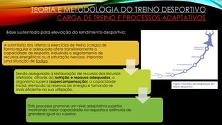 TEORIA E METODOLOGIA DO TREINO DESPORTIVO
CARGA DE TREINO E PROCESSOS ADAPTATIVOS
A submissão dos atletas a exercícios de treino (carga) de
forma regular e adequada afeta transitoriamente a
capacidade de resposta, induzindo o esgotamento de
recursos energéticos ou a saturação nervosa, impondo
uma situação de fadiga.
Sendo assegurada a restauração de recursos dos recursos
afetados, através da nutrição e repouso adequados, o
organismo supera (supercompensação) a capacidade
inicial, elevando as reservas de energia e tornando-se
mais eficiente na sua utilização.
Este processo promove um nível adaptativo superior,
mostrando maior capacidade na resposta a estímulos de
grandeza igual ou superior.
Base sustentada para elevação do rendimento desportivo:
Figura: Processo de adaptação em
treino desportivo
 