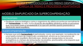 MODELO SIMPLIFICADO DA SUPERCOMPENSAÇÃO
TEORIA E METODOLOGIA DO TREINO DESPORTIVO
CARGA DE TREINO E PROCESSOS ADAPTATIVOS
Homeostasia
• Qualquer sistema biológico como o organismo do atleta encontra-se normalmente
em homeostasia, ou seja, numa situação de equilíbrio dinâmico entre os processos
que concorrem para a estabilidade e os que em sentido oposto promovem a
destruição deste equilíbrio.
Supercompensação
• Sempre que esta homeostasia é perturbada, como, por exemplo, na realização de
uma tarefa motora de magnitude considerável, ativam-se os mecanismos de
restauração do equilíbrio destruído que, desde que assegurados os recursos
energéticos e o tempo de restauração necessários, promoverão uma resposta que
permitirá ao indivíduo superar o seu nível inicial.
 