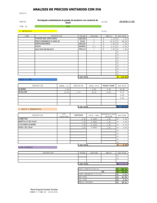PARTIDA unidad
ITEM No.
A. MATERIALES Fecha:
ITEM UNIDAD CANTIDAD PRECIO SUB-TOTAL
BOLSA 1 7.35
$ 7.35
$
CAJA 6 16.50
$ 99.00
$
BOLSA 1 1.90
$ 1.90
$
BARRIL 0.3 2.00
$ 0.60
$
ROLLO 1 1.60
$ 1.60
$
-
$
-
$
-
$
-
$
-
$
-
$
-
$
-
$
-
$
SUB-TOTAL 110.45
$
JORNAL c/p JORNAL-TOTAL REDIM /TIEMP SUB-TOTAL
5.00 5.00 7.00 35.00
14.24 16.23 0.50 8.12
0.00
0.00
SUB-TOTAL 43.12
$
TIPO
/CAPACIDAD
COSTO / HORA
RENDIMIENTO/DEPR
ESIACIÓN
SUB-TOTAL
0.3200 1.00 0.32
$
0.6900 1.00 0.69
$
0.3700 1.00 0.37
$
0.8000 1.00 0.80
$
-
$
-
$
-
$
-
$
-
$
SUB-TOTAL 2.18
$
UNIDAD CANTIDAD PRECIO SUB-TOTAL
-
$
-
$
SUB-TOTAL -
$
155.75
$
M2 22.25
$
3.34
$
25.59
$
3.33
$
28.91
$
René Ezequiel Escobar Escobar
NOMBRE Y FIRMA DE CALCULISTA.
COSTO DIRECTO=A+B+C+D
COSTO INDIRECTO ( % C.D.)
SUB-TOTAL
IVA (13%)
PRECIO UNITARIO
D-SUB CONTRATOS
DESCRIPCION
CUCHARA ALBAÑIL 1.00
NIVEL DE CAJA 1.00
DESCRIPCION CANTIDAD
CUBETAS 2.00
MARTILLO DE HULE 1.00
AUXILIAR 1.14
C. EQUIPO Y HERRAMIENTAS
ALBAÑIL
B-MANO DE OBRA
DESCRIPCION PRESTACION
ANALISIS DE PRECIOS UNITARIOS CON IVA
PROYECTO:
Enchapado antideslizante de gradas de escaleron con ceramica de
33x33
EN BASE A 7 M2
6.5
DESCRIPCION
POWER MIX GRIS 40KG
PISO CERAMICO 0.33X0.33
ESPACIADORES
AGUA
HILO NYLON BLACO
 