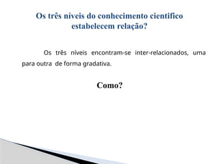 Os três níveis encontram-se inter-relacionados, uma
para outra de forma gradativa.
Como?
Os três níveis do conhecimento cientifico
estabelecem relação?
 
