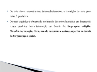 Os três níveis encontram-se inter-relacionados, e transição de uma para
outra é gradativa.
 O super orgânico é observado no mundo dos seres humanos em interacção
e nos produtos dessa interacção em função da: linguagem, religião,
filosofia, tecnologia, ética, uso de costumes e outros aspectos culturais
da Organização social.
 