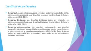 Clasificación de Desechos
 Desechos Generales: Los residuos no peligrosos deben ser descartados en los
contenedores apropiados para desechos generales (contenedores de basura
color negro) (OMS, 2018).
 Desechos Biológicos: Los desechos biológicos deben ser colocados en
contenedores específicos para desechos biológicos (contenedores de basura
color rojo) (OMS, 2018).
 Desechos cortopunzantes: Los desechos cortopunzantes son aquellos
materiales que tienen bordes afilados o puntiagudos y pueden causar lesiones
o infecciones si no se manejan adecuadamente (OMS, 2018). Estos desechos
deben ser gestionados con precaución y desechados en los contenedores
llamados guardianes.
 
