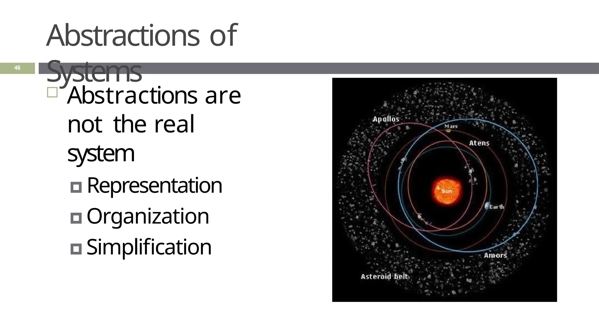Abstractions of
Systems
 Abstractions are
not the real
system
🞑 Representation
🞑 Organization
🞑 Simplification
46
 