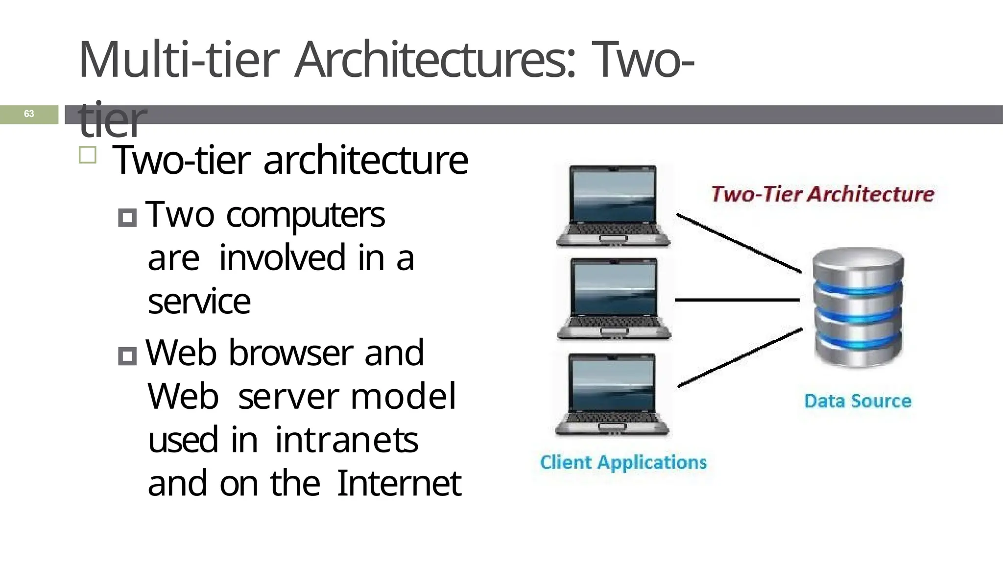Multi-tier Architectures: Two-
tier
 Two-tier architecture
🞑 Two computers
are involved in a
service
🞑 Web browser and
Web server model
used in intranets
and on the Internet
63
 
