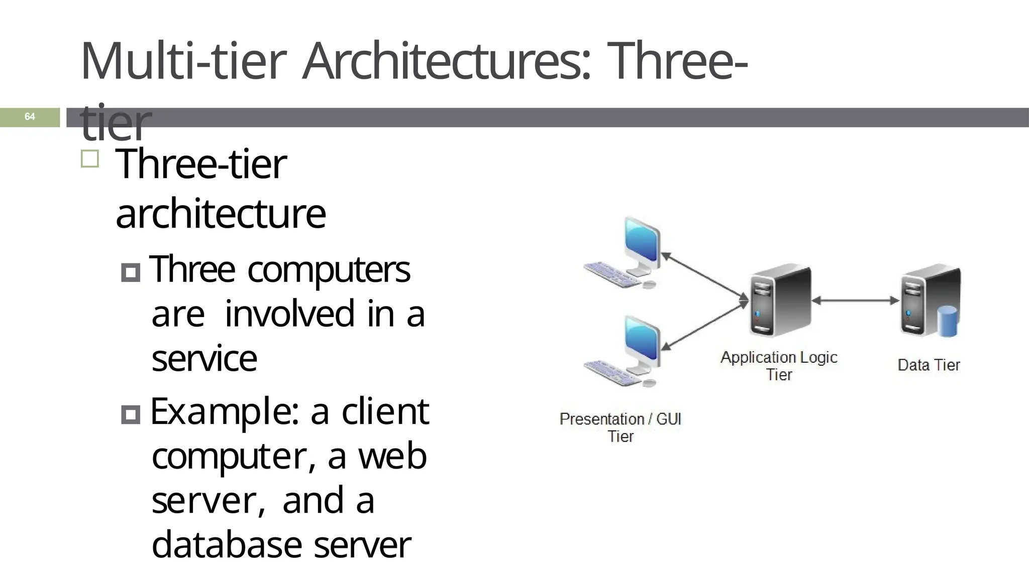 Multi-tier Architectures: Three-
tier
 Three-tier
architecture
🞑 Three computers
are involved in a
service
🞑 Example: a client
computer, a web
server, and a
database server
64
 