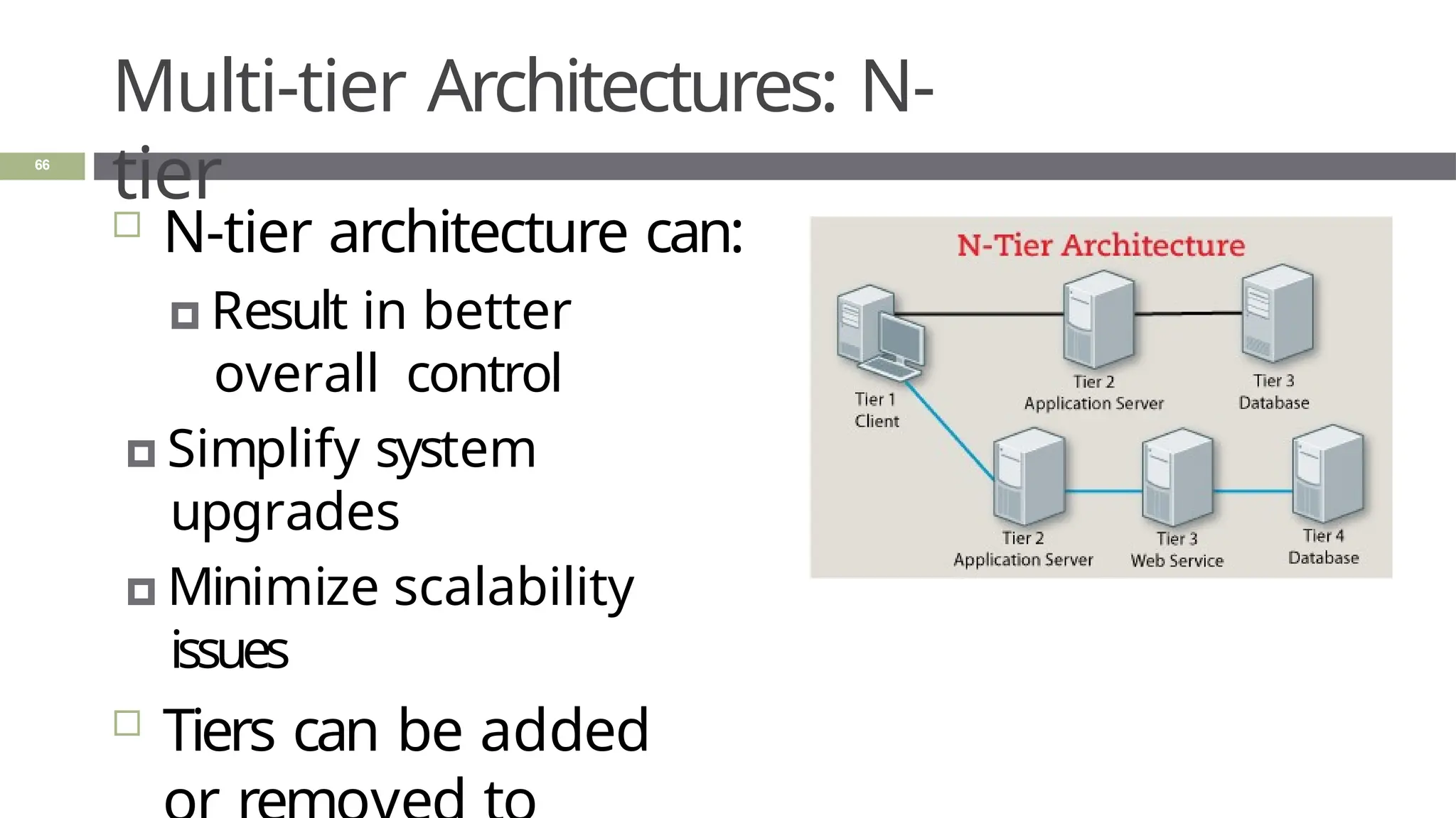 Multi-tier Architectures: N-
tier
 N-tier architecture can:
🞑 Result in better
overall control
🞑 Simplify system
upgrades
🞑 Minimize scalability
issues
 Tiers can be added
66
 