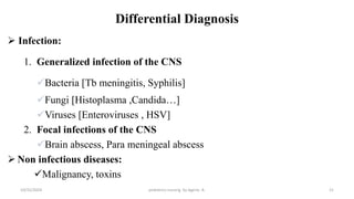 Differential Diagnosis
 Infection:
1. Generalized infection of the CNS
Bacteria [Tb meningitis, Syphilis]
Fungi [Histoplasma ,Candida…]
Viruses [Enteroviruses , HSV]
2. Focal infections of the CNS
Brain abscess, Para meningeal abscess
 Non infectious diseases:
Malignancy, toxins
21
10/31/2024 pediatrics nursing by Agerie. A.
 