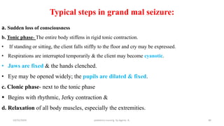 a. Sudden loss of consciousness
b. Tonic phase- The entire body stiffens in rigid tonic contraction.
• If standing or sitting, the client falls stiffly to the floor and cry may be expressed.
• Respirations are interrupted temporarily & the client may become cyanotic.
• Jaws are fixed & the hands clenched.
• Eye may be opened widely; the pupils are dilated & fixed.
c. Clonic phase- next to the tonic phase
 Begins with rhythmic, Jerky contraction &
d. Relaxation of all body muscles, especially the extremities.
Typical steps in grand mal seizure:
40
10/31/2024 pediatrics nursing by Agerie. A.
 