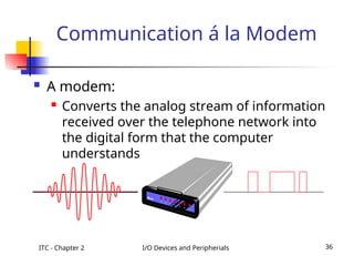 ITC - Chapter 2 I/O Devices and Peripherials 36
 A modem:
 Converts the analog stream of information
received over the telephone network into
the digital form that the computer
understands
Communication á la Modem
 