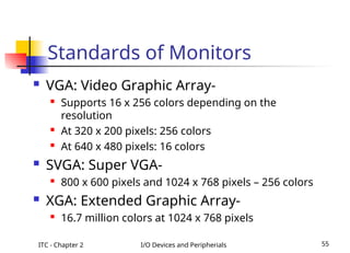 ITC - Chapter 2 I/O Devices and Peripherials 55
Standards of Monitors
 VGA: Video Graphic Array-

Supports 16 x 256 colors depending on the
resolution
 At 320 x 200 pixels: 256 colors

At 640 x 480 pixels: 16 colors
 SVGA: Super VGA-

800 x 600 pixels and 1024 x 768 pixels – 256 colors
 XGA: Extended Graphic Array-
 16.7 million colors at 1024 x 768 pixels
 