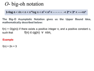 O- big-oh notation
1<log n < √n < n < n*log n < n2 < n3 < - - - - - - -< 2n < 3n < ----<nn
The Big-O Asymptotic Notation gives us the Upper Bound Idea,
mathematically described below:
f(n) = O(g(n)) if there exists a positive integer n0 and a positive constant c,
such that f(n) ≤ cg(n) ∀ n≥n0
Example
f(n) = 2n + 3
 