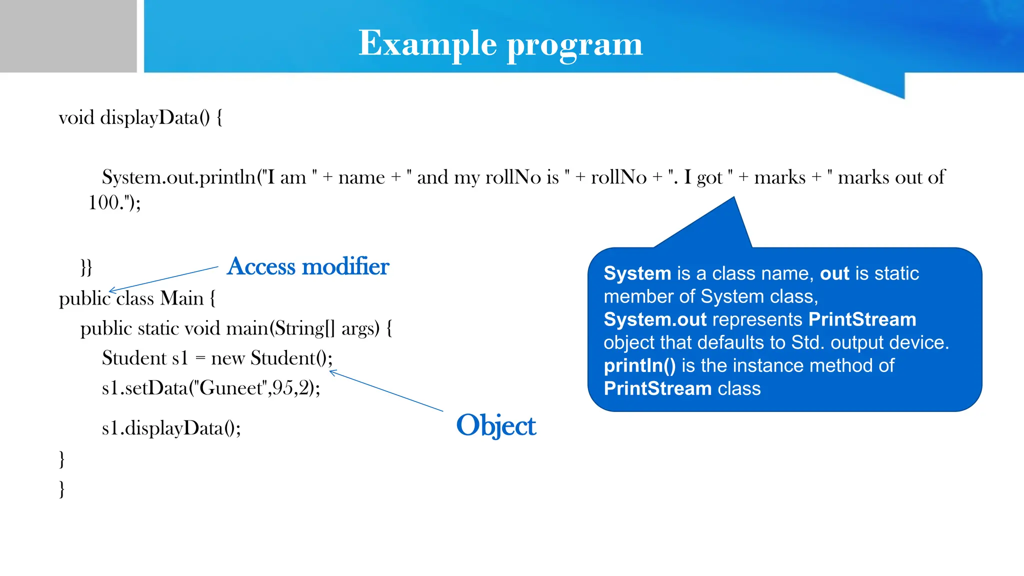 Example program
void displayData() {
System.out.println("I am " + name + " and my rollNo is " + rollNo + ". I got " + marks + " marks out of
100.");
}} Access modifier
public class Main {
public static void main(String[] args) {
Student s1 = new Student();
s1.setData("Guneet",95,2);
s1.displayData(); Object
}
}
System is a class name, out is static
member of System class,
System.out represents PrintStream
object that defaults to Std. output device.
println() is the instance method of
PrintStream class
 