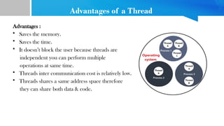 Advantages of a Thread
Advantages :
• Saves the memory.
• Saves the time.
• It doesn’t block the user because threads are
independent you can perform multiple
operations at same time.
• Threads inter communication cost is relatively low.
• Threads shares a same address space therefore
they can share both data & code.
 