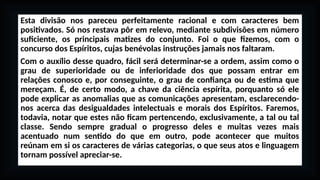 Esta divisão nos pareceu perfeitamente racional e com caracteres bem
positivados. Só nos restava pôr em relevo, mediante subdivisões em número
suficiente, os principais matizes do conjunto. Foi o que fizemos, com o
concurso dos Espíritos, cujas benévolas instruções jamais nos faltaram.
Com o auxílio desse quadro, fácil será determinar-se a ordem, assim como o
grau de superioridade ou de inferioridade dos que possam entrar em
relações conosco e, por conseguinte, o grau de confiança ou de estima que
mereçam. É, de certo modo, a chave da ciência espírita, porquanto só ele
pode explicar as anomalias que as comunicações apresentam, esclarecendo-
nos acerca das desigualdades intelectuais e morais dos Espíritos. Faremos,
todavia, notar que estes não ficam pertencendo, exclusivamente, a tal ou tal
classe. Sendo sempre gradual o progresso deles e muitas vezes mais
acentuado num sentido do que em outro, pode acontecer que muitos
reúnam em si os caracteres de várias categorias, o que seus atos e linguagem
tornam possível apreciar-se.
 
