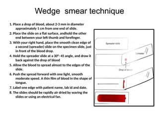 Wedge smear technique
1. Place a drop of blood, about 2-3 mm in diameter
approximately 1 cm from one end of slide.
2. Place the slide on a flat surface, andhold the other
end between your left thumb and forefinger.
3. With your right hand, place the smooth clean edge of
a second (spreader) slide on the specimen slide, just
in front of the blood drop.
4. Hold the spreader slide at a 30°- 45 angle, and draw it
back against the drop of blood
5. Allow the blood to spread almost to the edges of the
slide.
6. Push the spread forward with one light, smooth
moderate speed. A thin film of blood in the shape of
tongue.
7. Label one edge with patient name, lab id and date.
8. The slides should be rapidly air dried by waving the
slides or using an electrical fan.
 