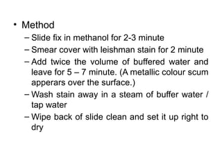 • Method
– Slide fix in methanol for 2-3 minute
– Smear cover with leishman stain for 2 minute
– Add twice the volume of buffered water and
leave for 5 – 7 minute. (A metallic colour scum
apperars over the surface.)
– Wash stain away in a steam of buffer water /
tap water
– Wipe back of slide clean and set it up right to
dry
 