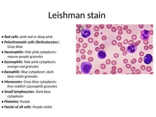 Leishman stain
• Red cells: pink-red or deep pink
• Polychromatic cells (Reticulocytes):
Gray-blue
• Neutrophils: Pale pink cytoplasm;
mauve-purple granules
• Eosinophils: Pale-pink cytoplasm;
orange-red granules
• Basophils: Blue cytoplasm; dark
blue-violet granules
• Monocytes: Gray-blue cytoplasm;
fine reddish (azurophil) granules
• Small lymphocytes: Dark blue
cytoplasm
• Platelets: Purple
• Nuclei of all cells: Purple-violet
 