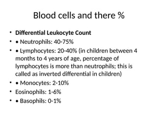 Blood cells and there %
• Differential Leukocyte Count
• • Neutrophils: 40-75%
• • Lymphocytes: 20-40% (in children between 4
months to 4 years of age, percentage of
lymphocytes is more than neutrophils; this is
called as inverted differential in children)
• • Monocytes: 2-10%
• Eosinophils: 1-6%
• • Basophils: 0-1%
 